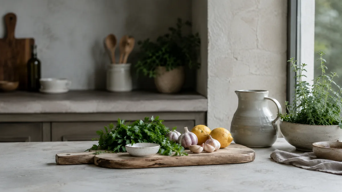 Calm kitchen counter with fresh simple ingredients on a wooden board