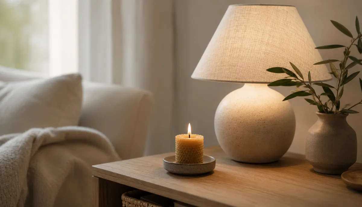 Small table lamp casting a soft pool of light on a side table