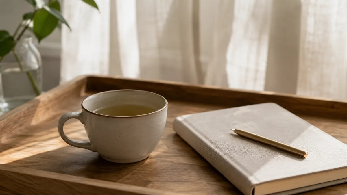 Simple morning tray with tea and a journal