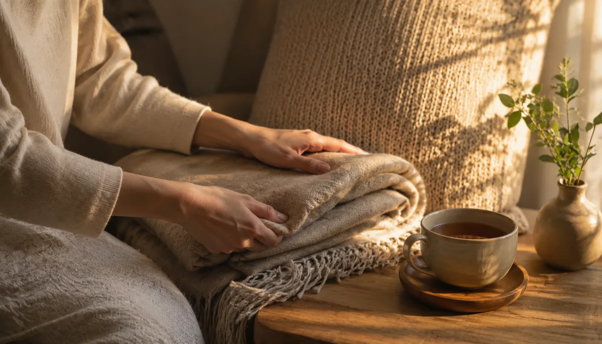 Calm evening corner with tea and a folded blanket