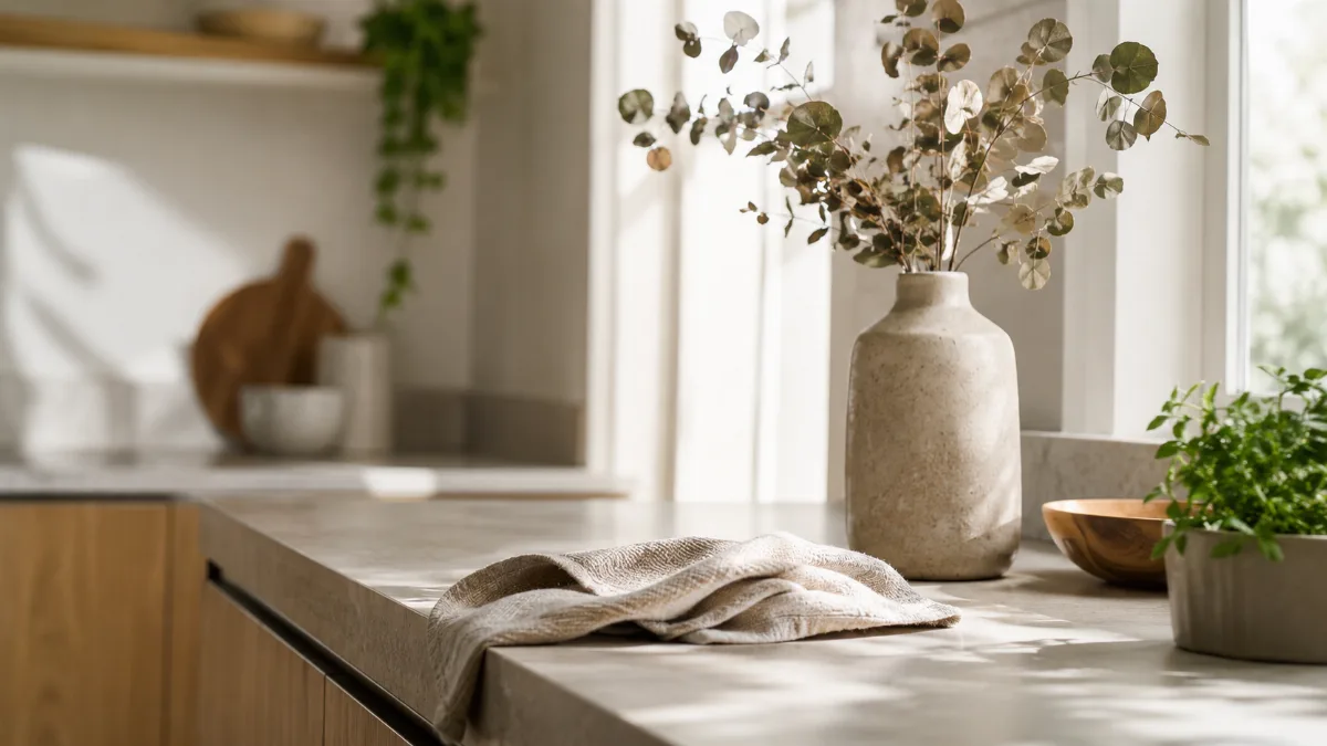 Freshly wiped kitchen counter with a cloth and a small plant