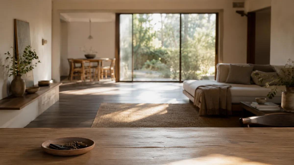 Airy room with clean lines and natural materials