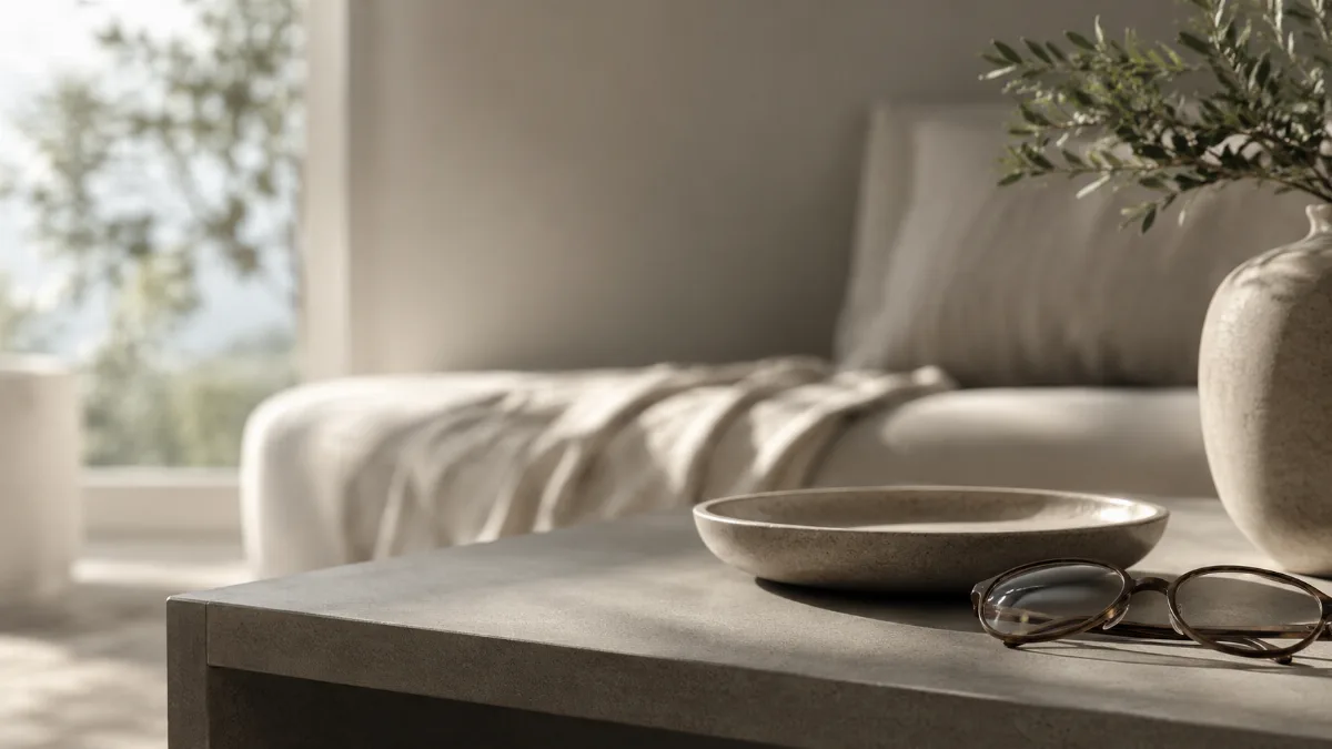 Calm, uncluttered living space with simple low furniture