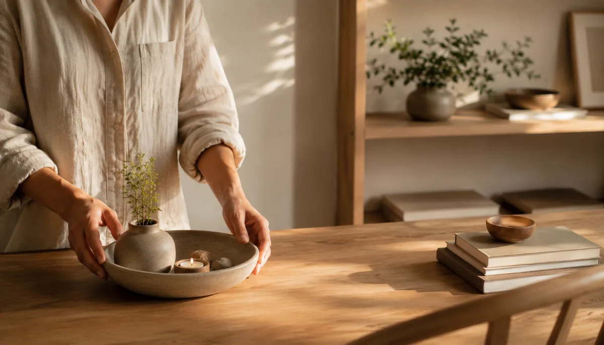 Calm minimalist interior with natural light and a few simple objects