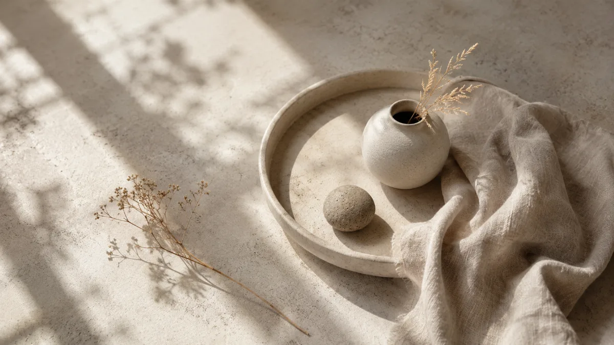 Serene styled vignette with neutral tones and soft daylight