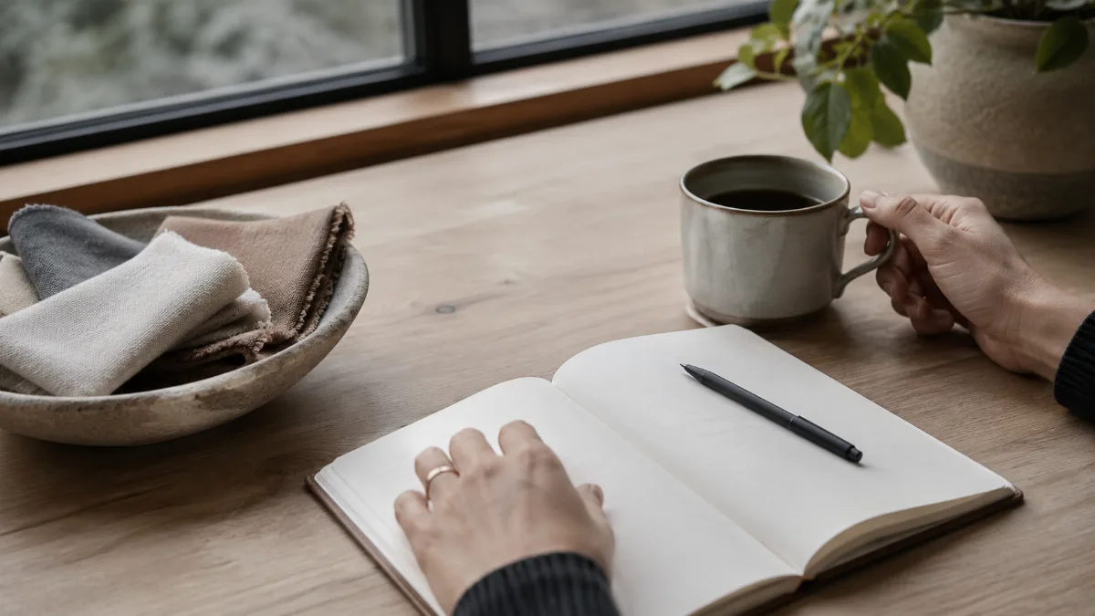 Clean wooden desk by a window with a notebook, pen and a cup of coffee