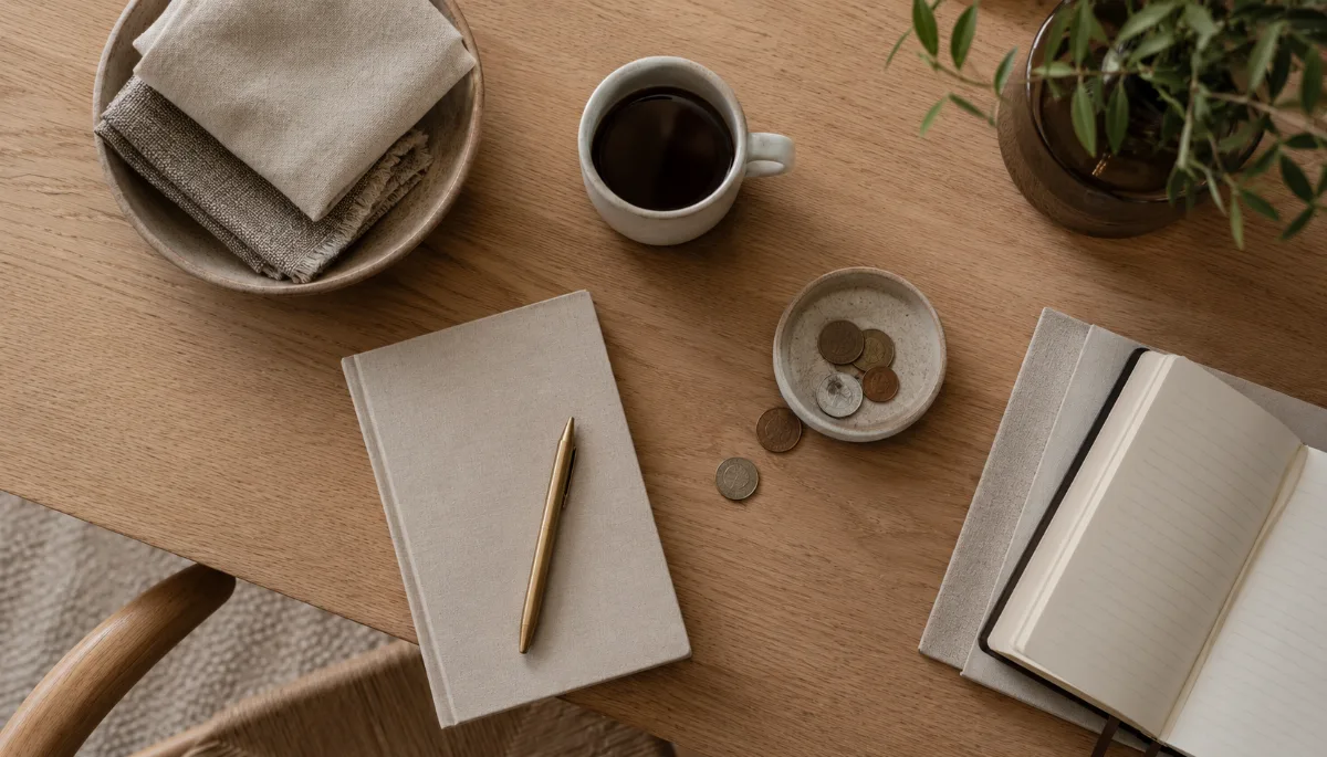 Kitchen table with a plain notebook, coins and a coffee cup