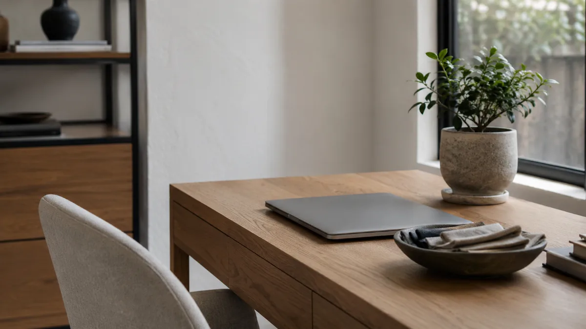 Tidy home-office corner with a laptop closed and a small plant