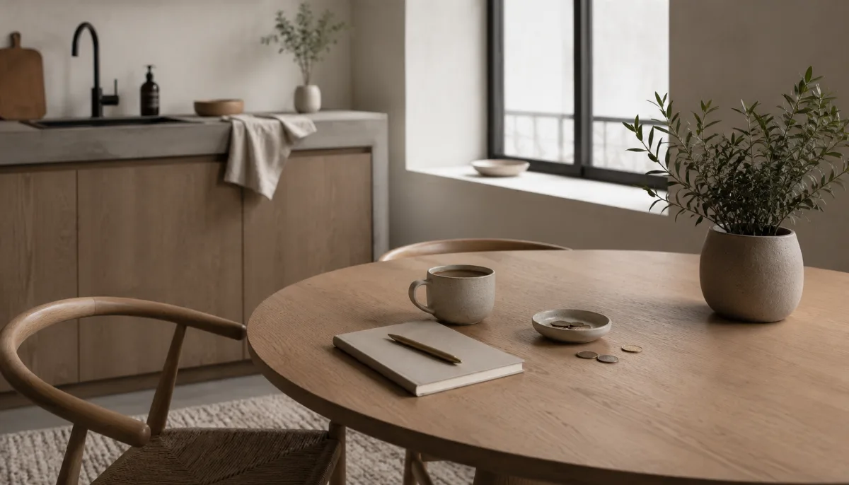 Kitchen table with a plain notebook, a few coins and a cup of coffee