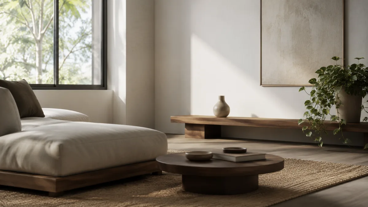 Calm, uncluttered living space with simple low furniture