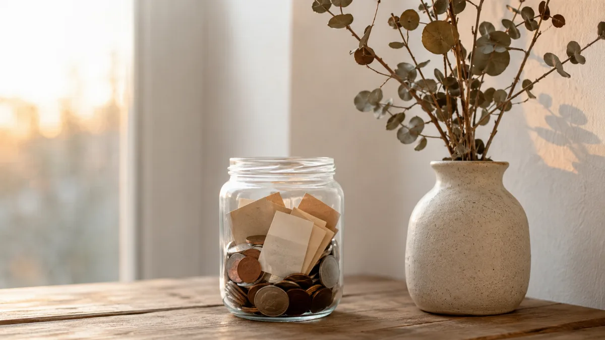Glass jar holding folded notes and coins on a wooden surface