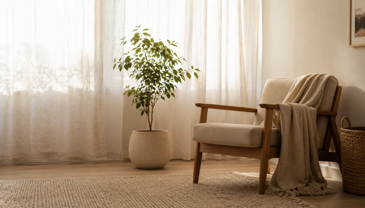 Minimalist seating corner with a single plant and a throw
