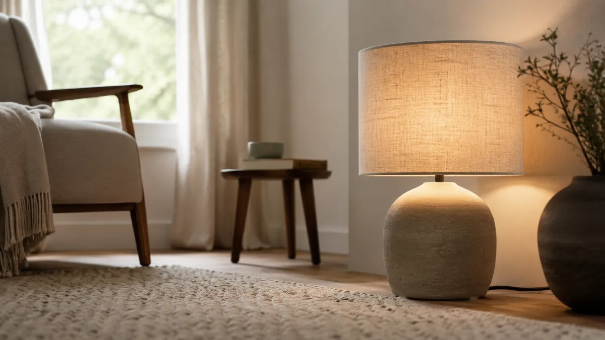 Warm floor lamp glowing in a quiet reading corner