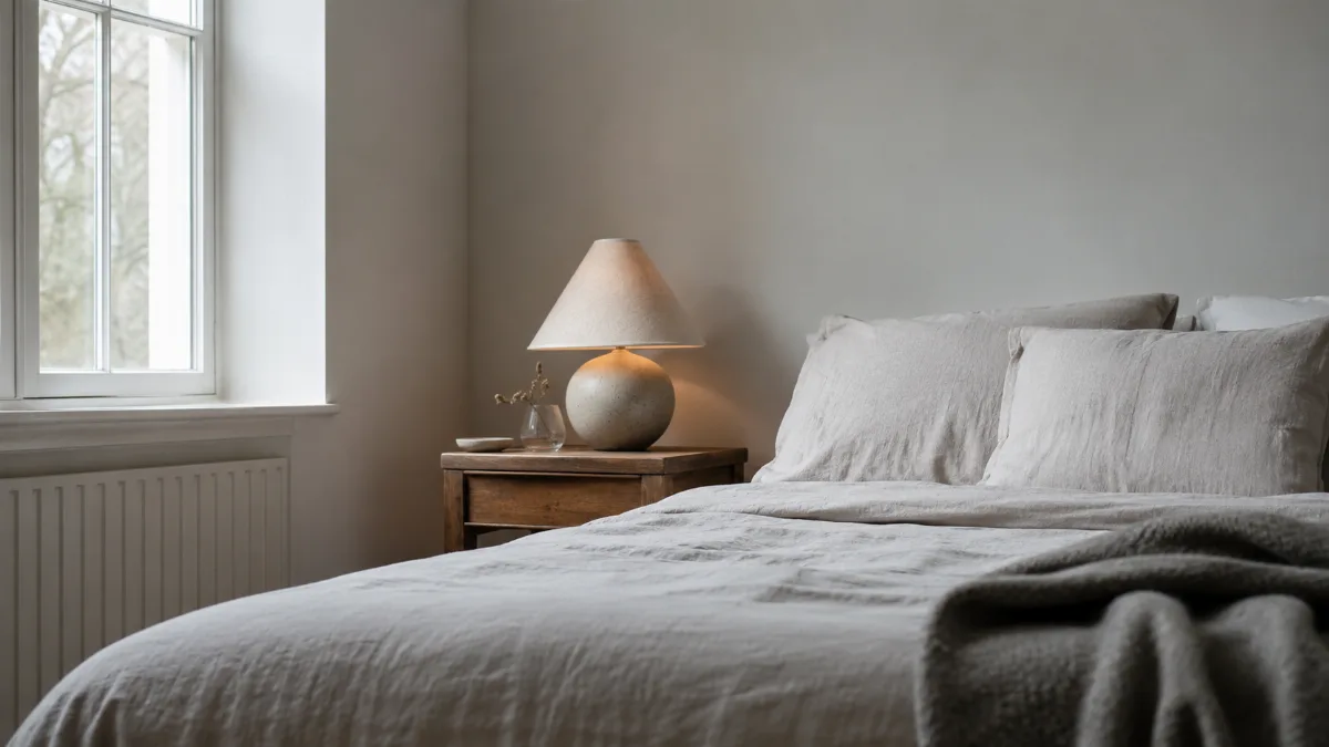 Calm minimalist bedroom with linen bedding and a single bedside lamp