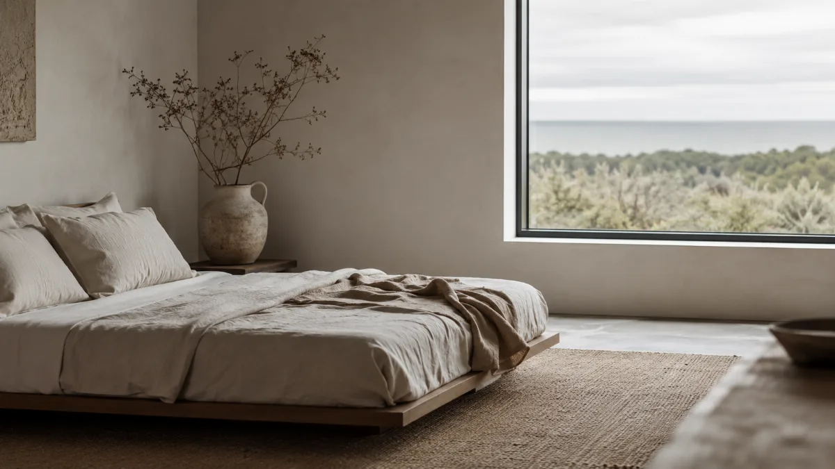 Low platform bed with crisp neutral sheets beside a bare window