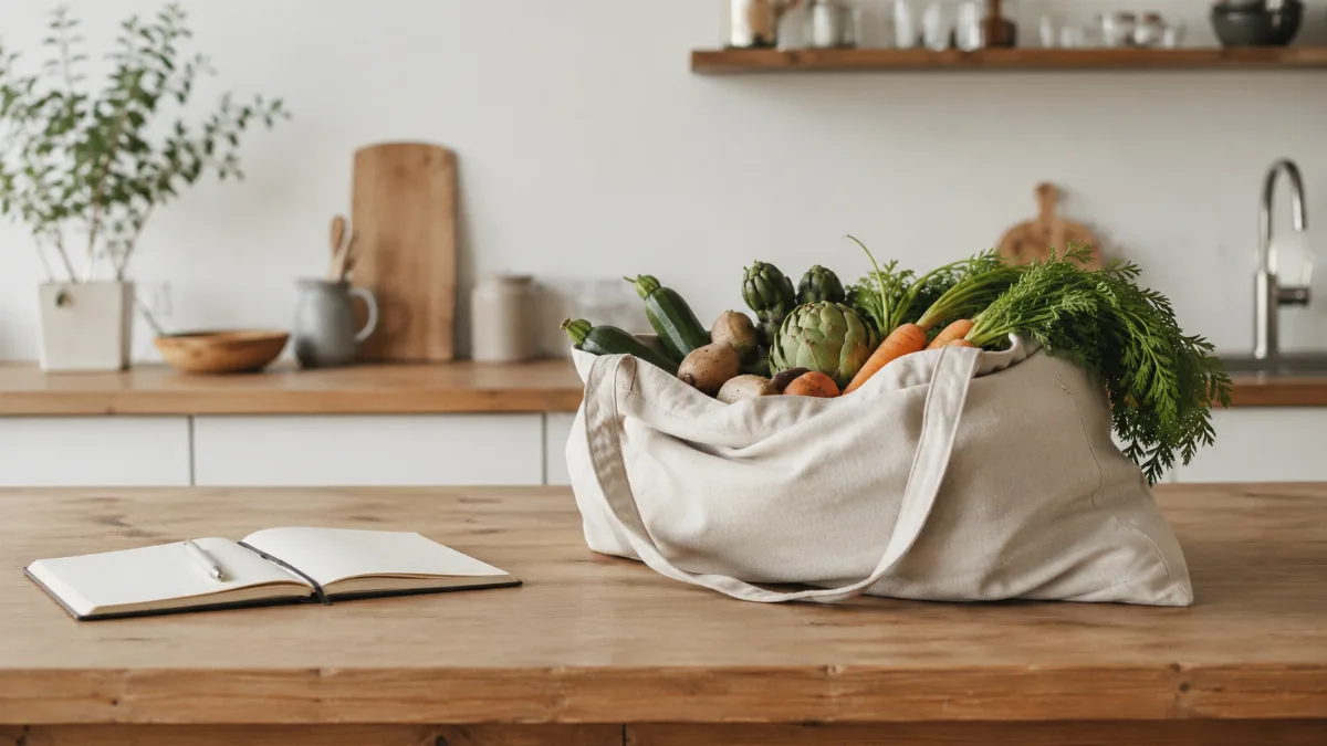 Cloth produce bag of vegetables on a wooden kitchen counter