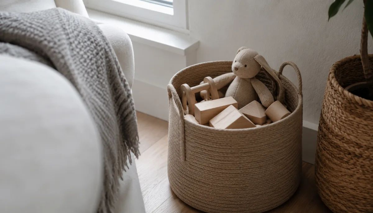 Family living room with a basket of toys neatly tucked away