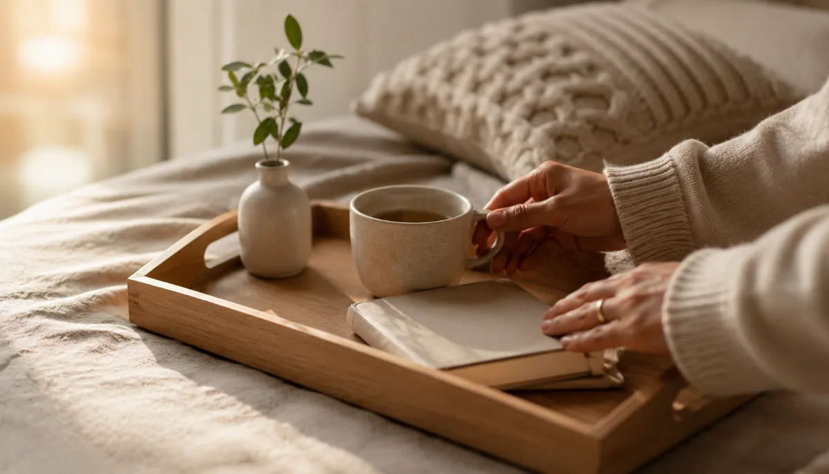 Simple morning tray with tea and a journal