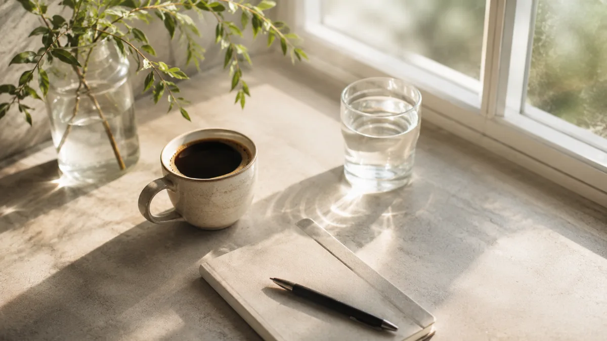 Bright morning scene with coffee and a notebook by a window