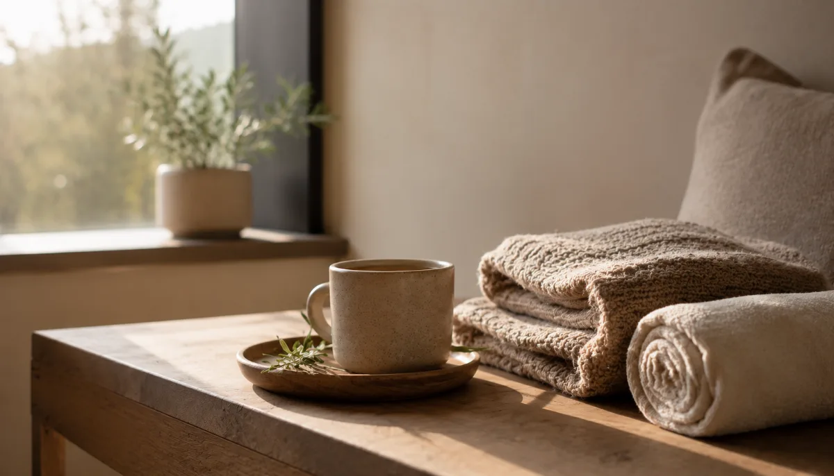 Calm evening corner with tea and a folded blanket