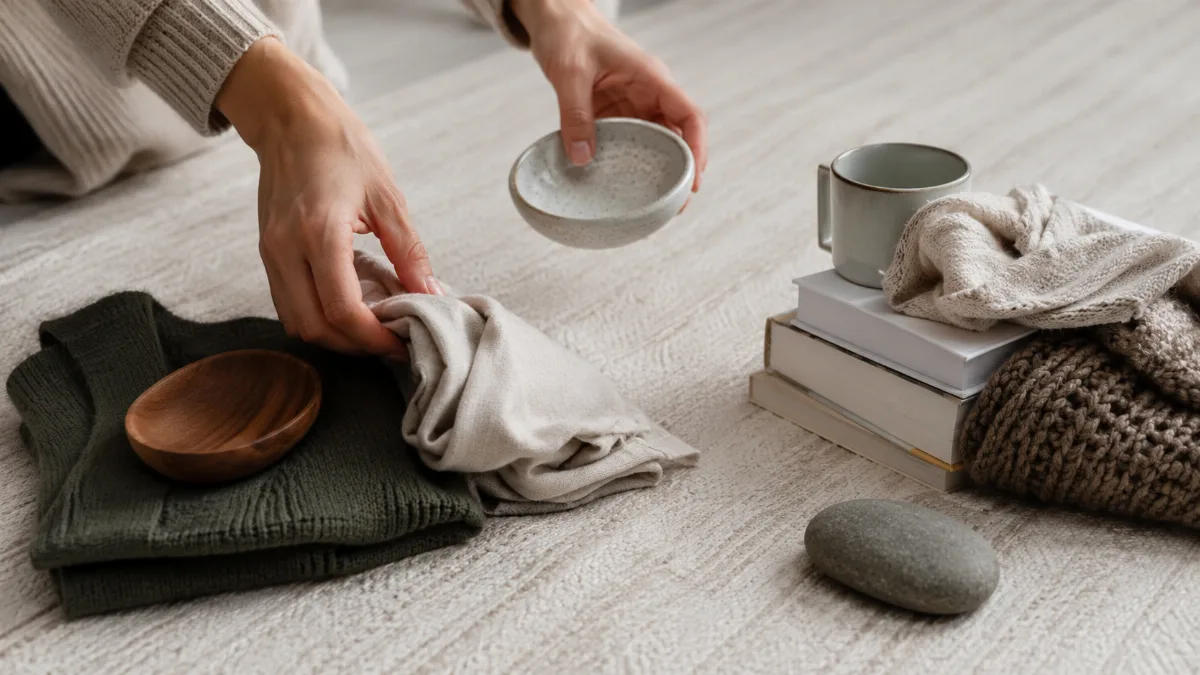 Items grouped into keep and let-go piles on a clean rug