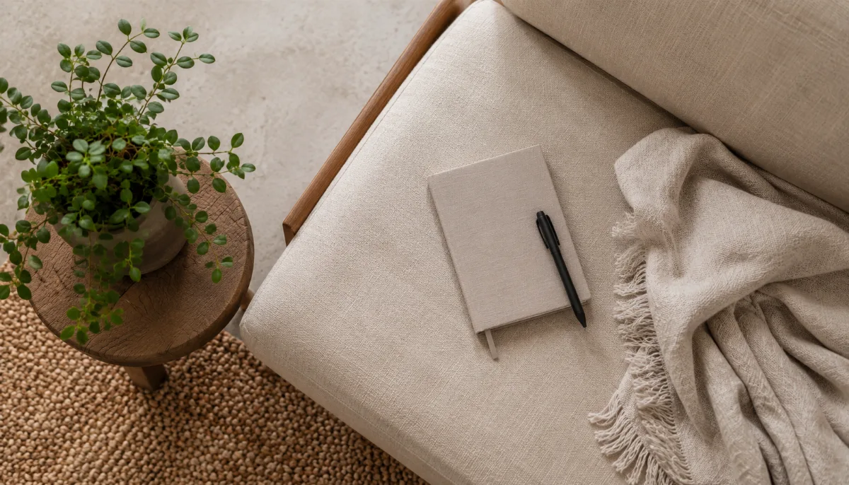 Minimalist seating corner with a single plant and a throw