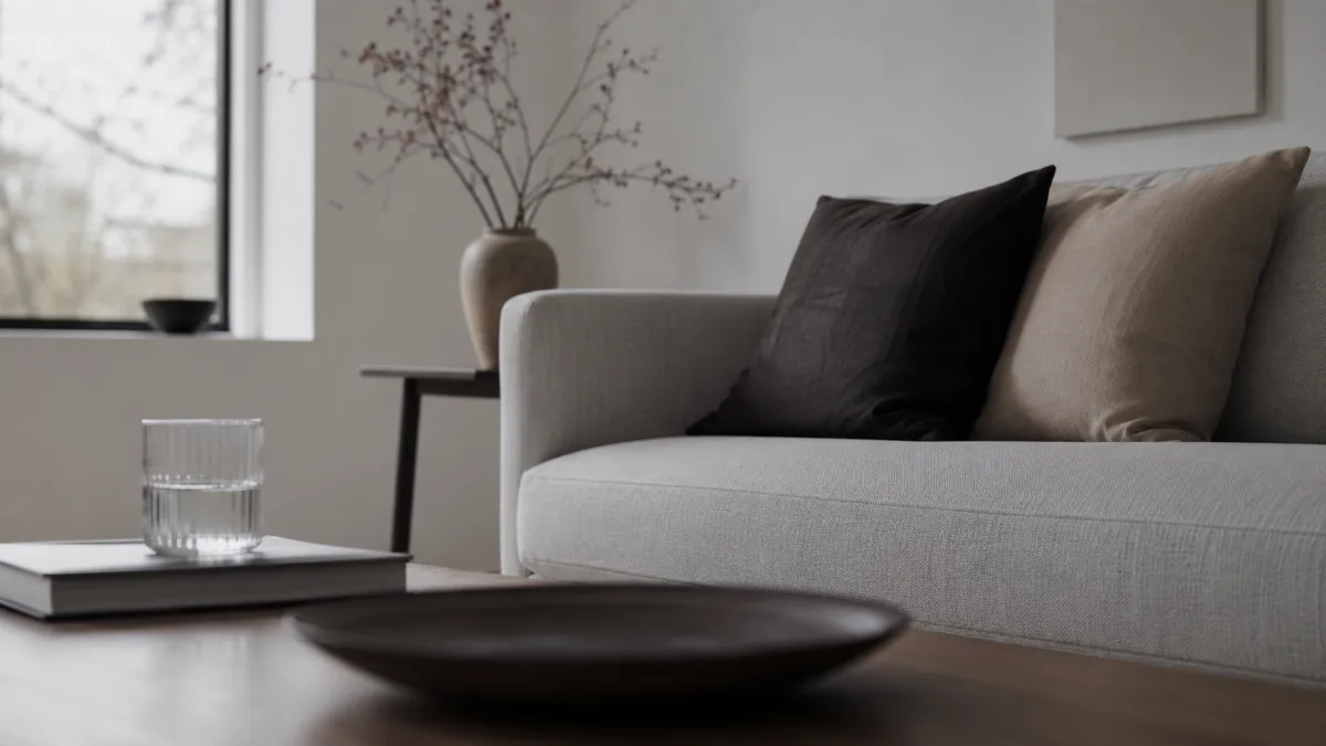 Serene living room with a neutral sofa and soft daylight