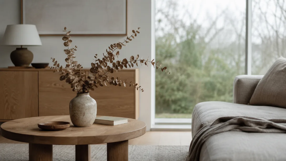 Calm, uncluttered living space with simple low furniture