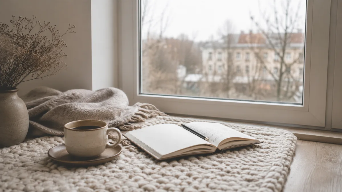 Bright morning scene with coffee and a notebook by a window