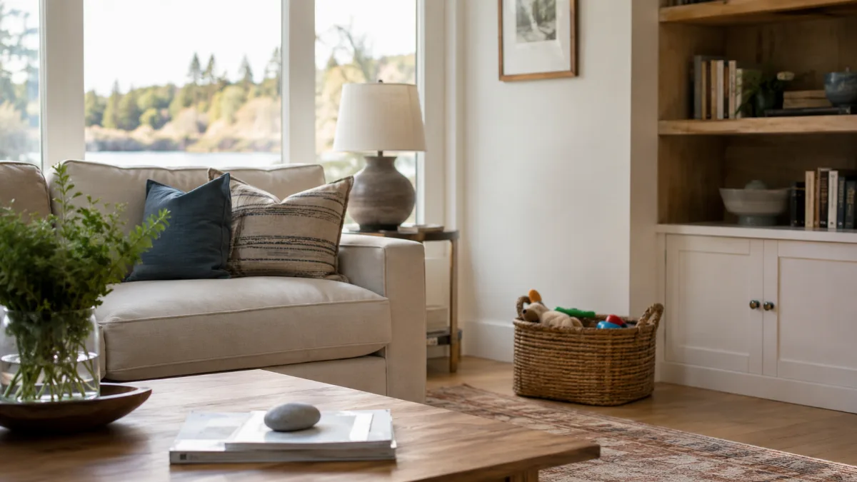 Family living room with a basket of toys neatly tucked away