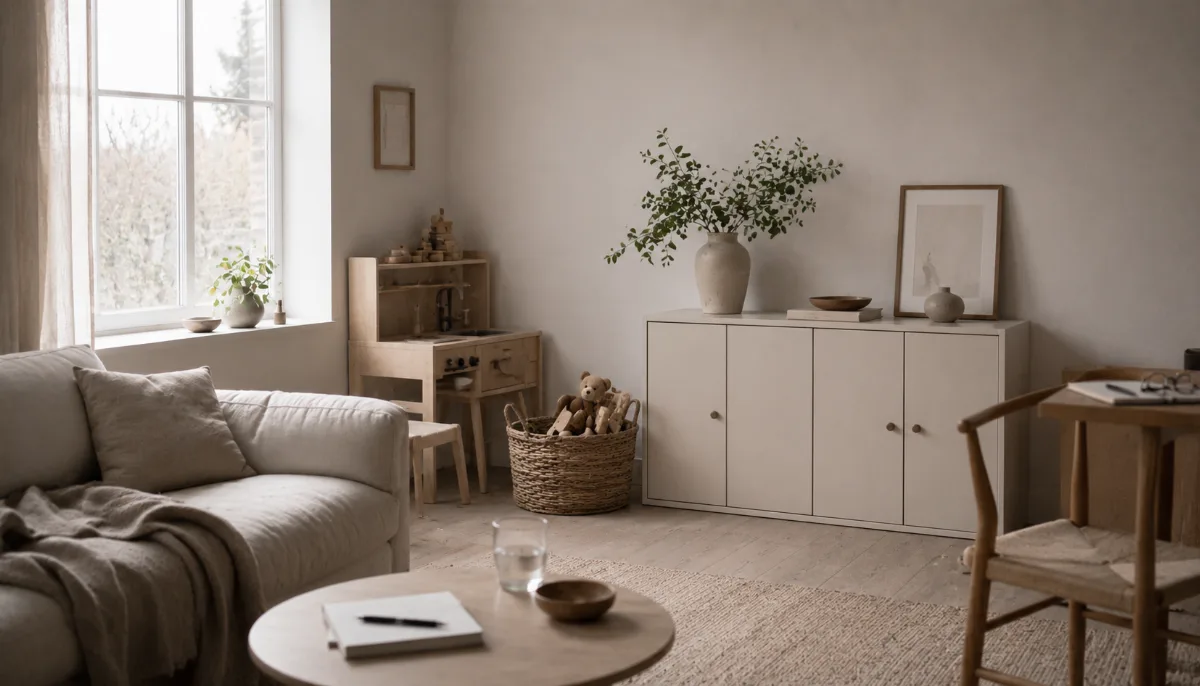 Tidy family room with a basket of wooden toys