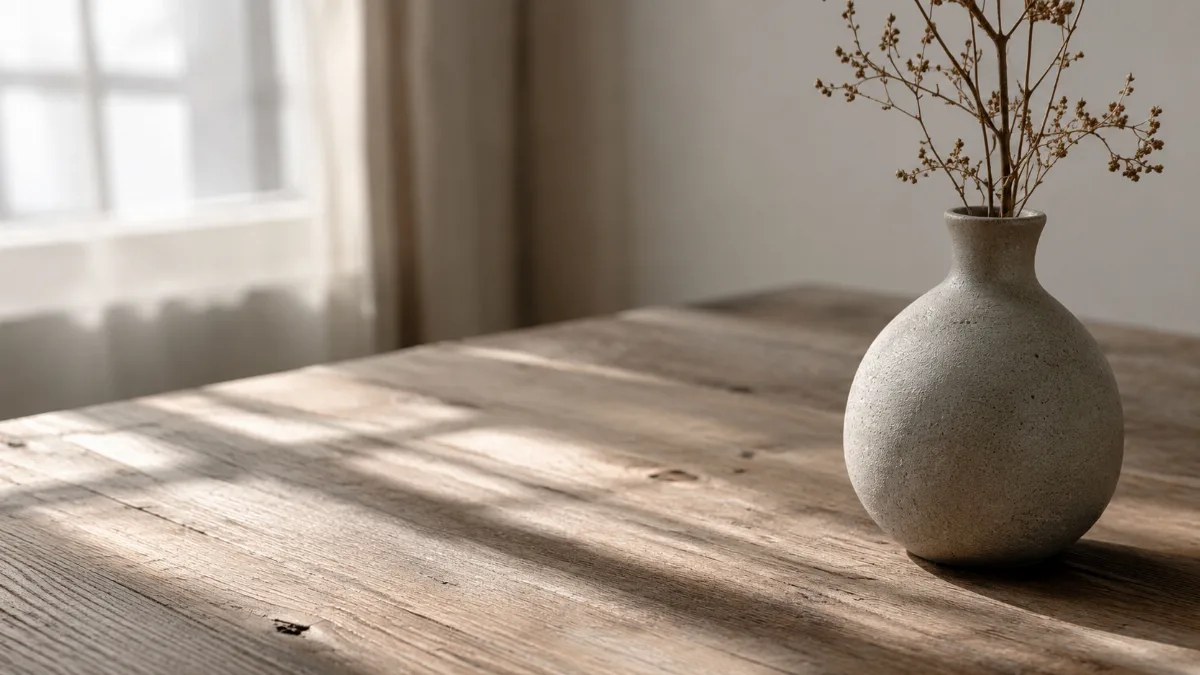 Empty wooden table with a single vase in soft light