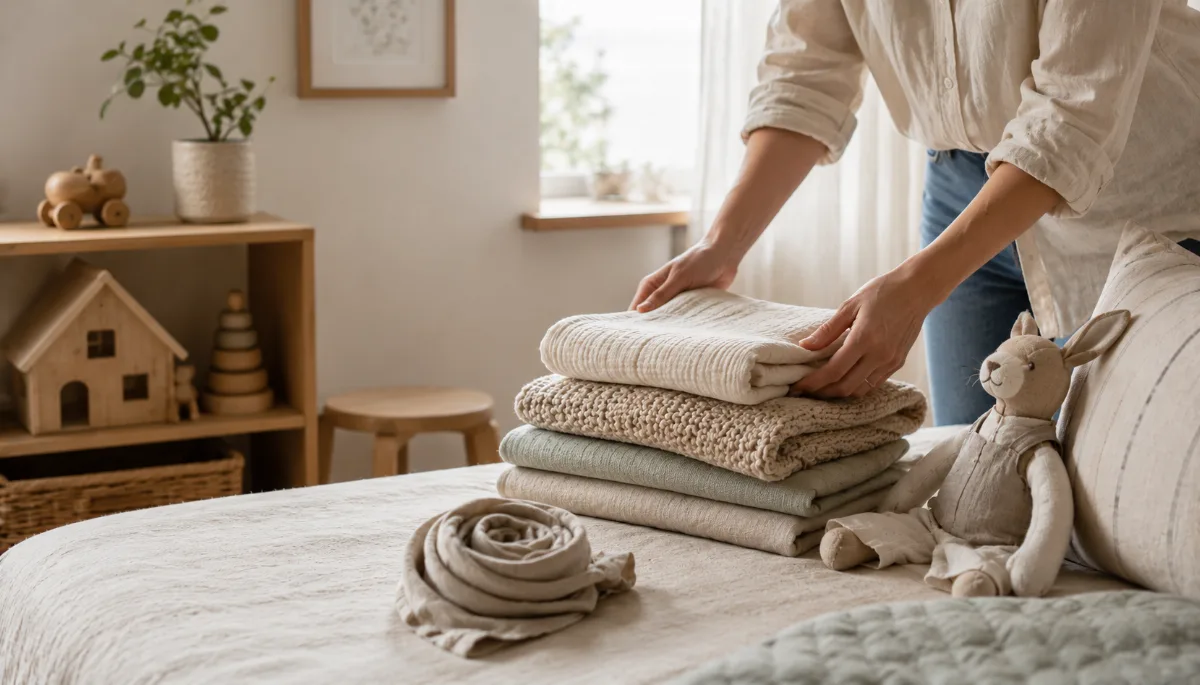 Simple child's room with folded blankets and a soft toy