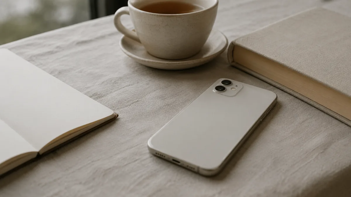 Single phone face-down beside a book and a cup of tea