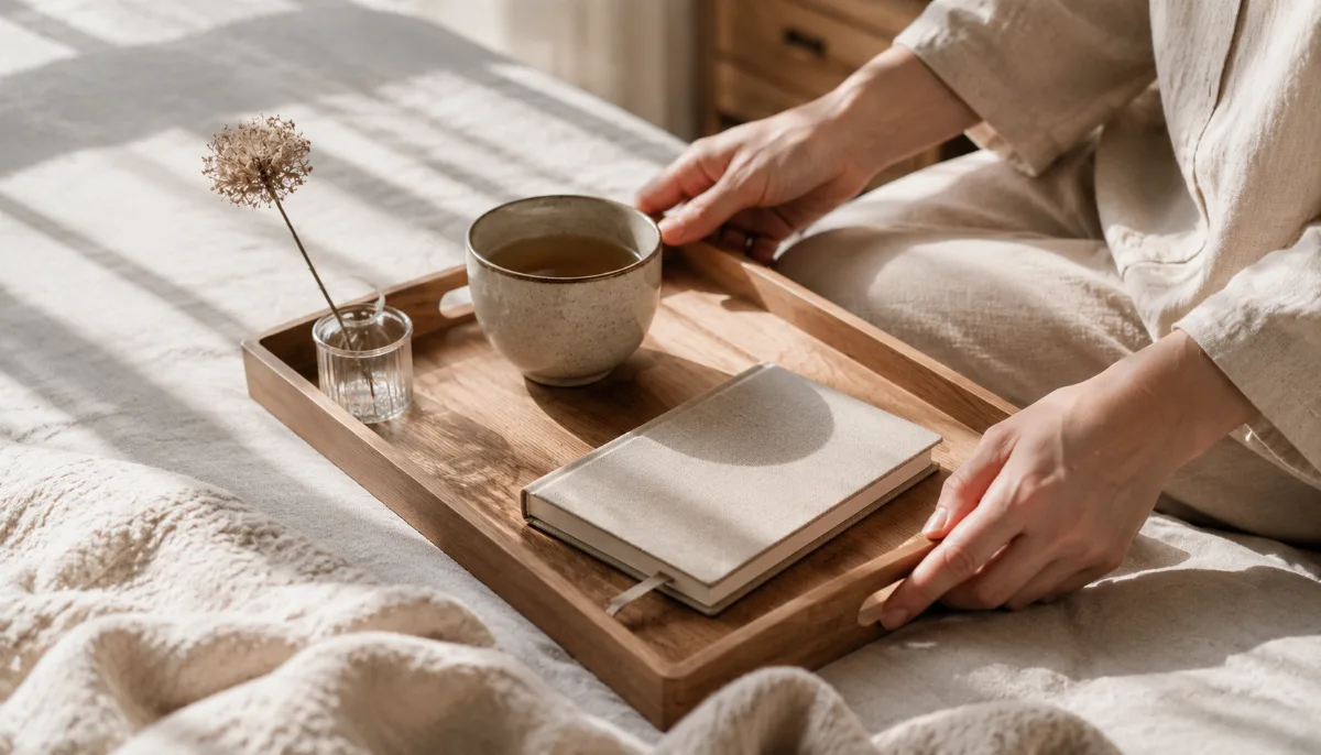 Simple morning tray with tea and a journal
