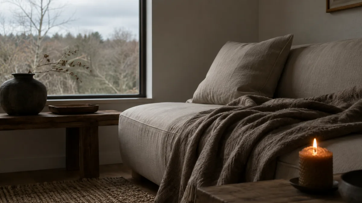 Calm evening corner with a blanket and low light