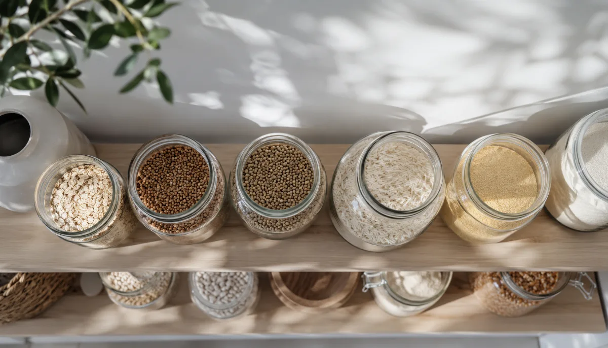 Glass jars of pantry staples on an open shelf