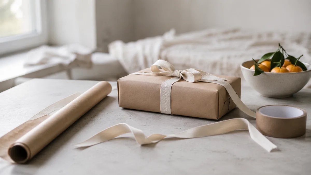 Minimal gift-wrapping setup with paper, scissors and twine
