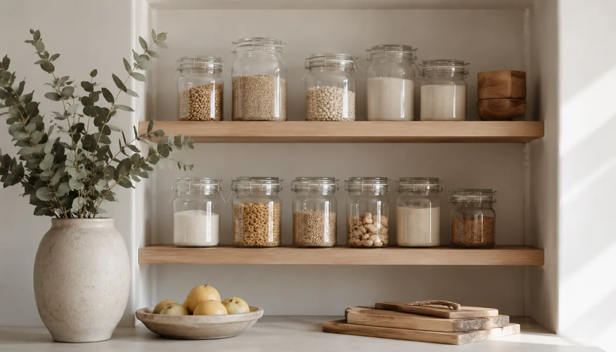 Minimalist pantry shelf with glass jars of staples