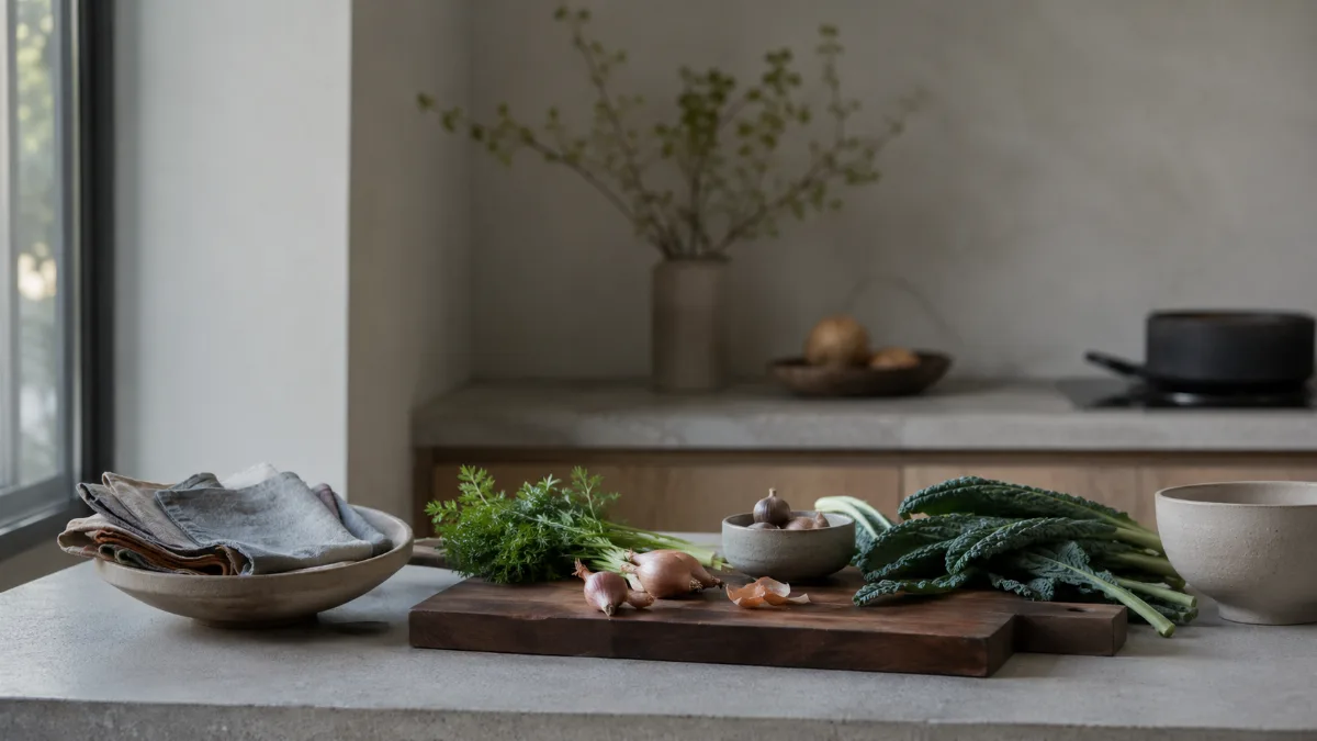 Simple kitchen counter with fresh ingredients and a wooden board