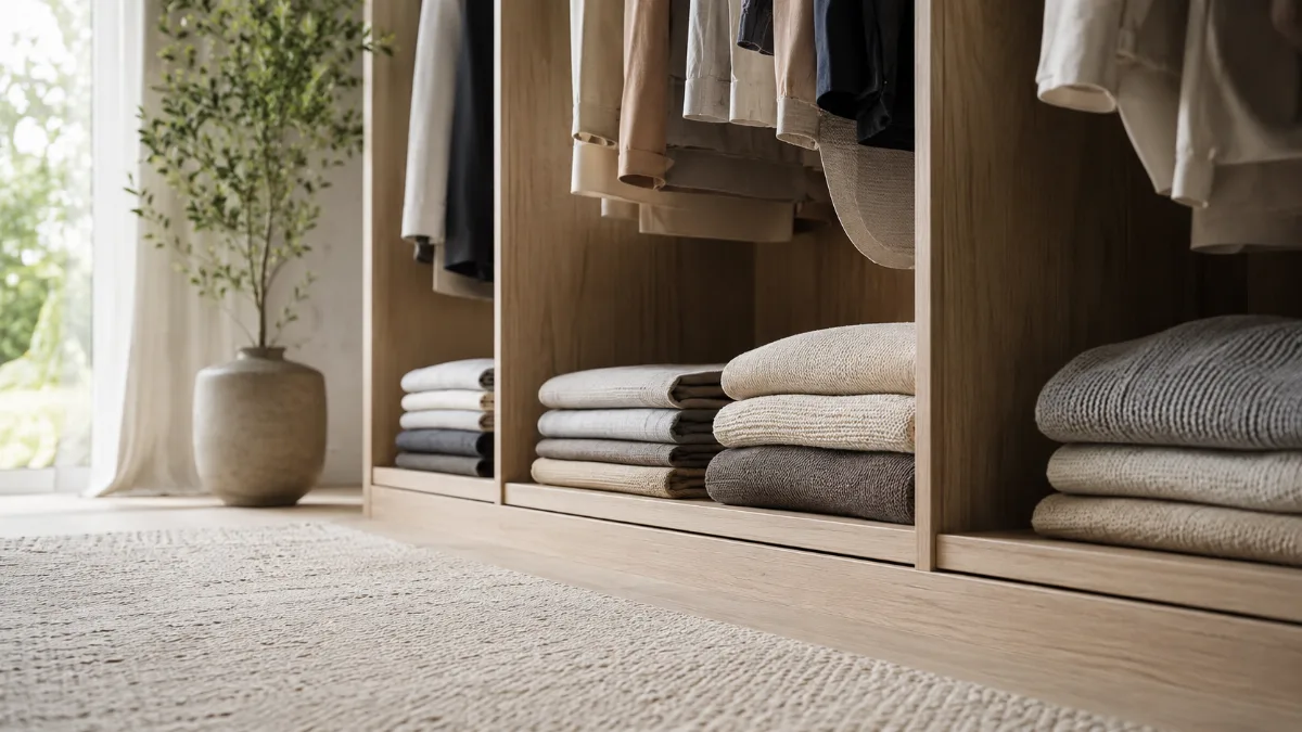 Organized open wardrobe with a small curated set of folded clothes