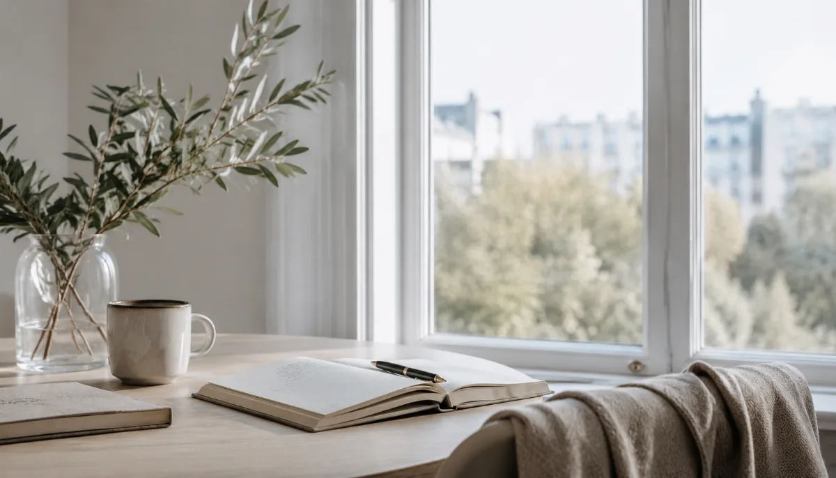 Bright morning scene with coffee and a notebook by a window