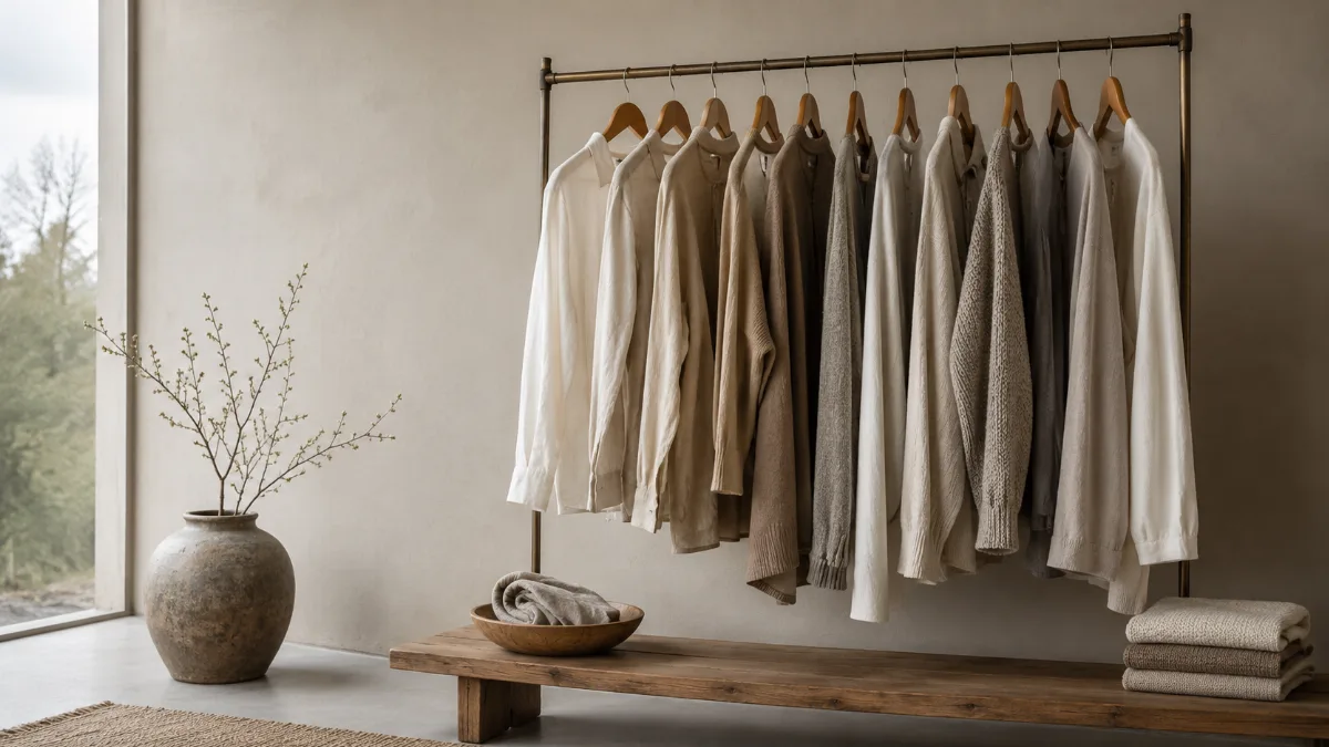 Clothing rail holding a tidy capsule of neutral garments