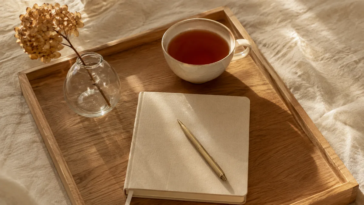 Simple morning tray with tea and a journal