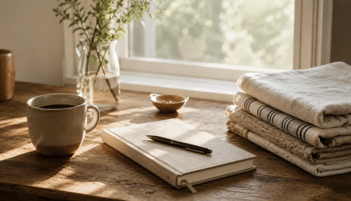 Bright morning scene with coffee and a notebook by a window