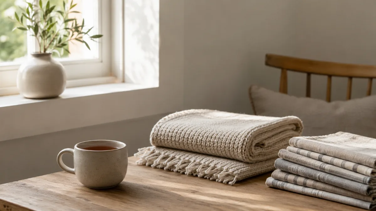 Calm evening corner with tea and a folded blanket