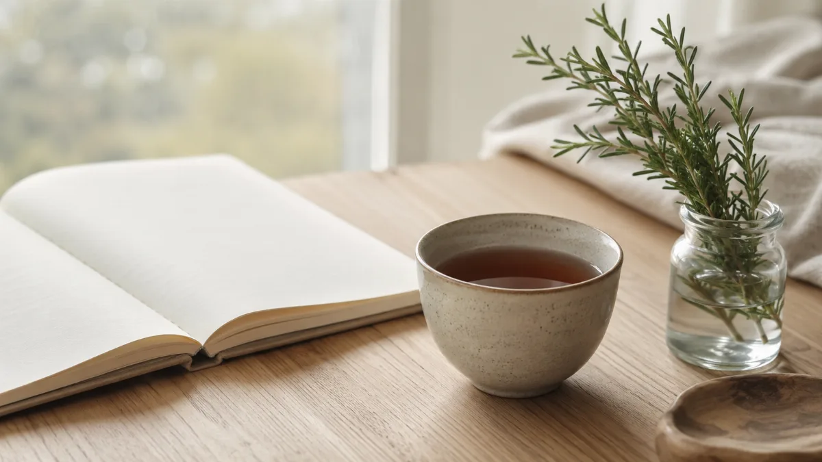Tidy desk with a notebook and a cup of tea