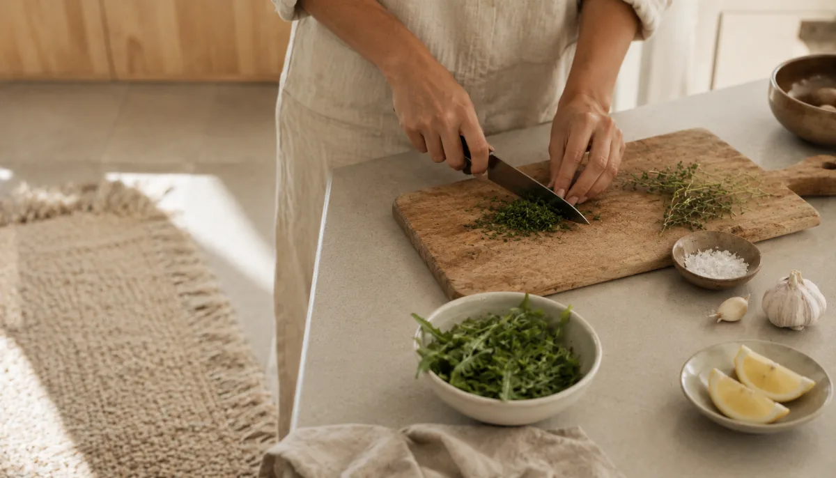 Calm kitchen counter with fresh simple ingredients on a wooden board
