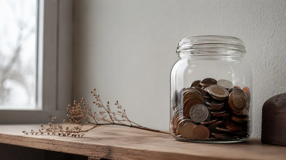 Glass jar of saved coins on a wooden shelf