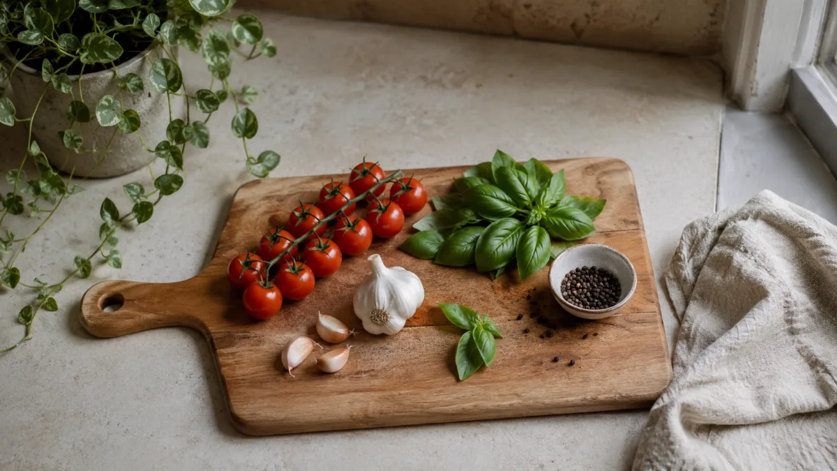 Calm kitchen counter with fresh simple ingredients on a wooden board